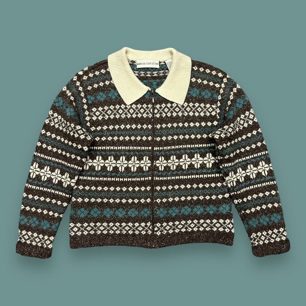 Vintage Cardigan Sweater Fair Isle Full Zip Collared 80s 90s Wool Blend Womens